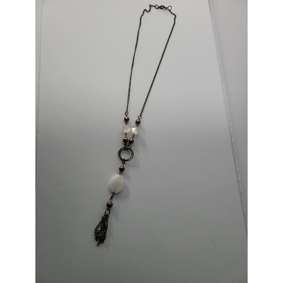 Vintage Gold Tone Tassel Necklace White Bead Boho Statement Pendant Jewelry - Picture 10 of 13